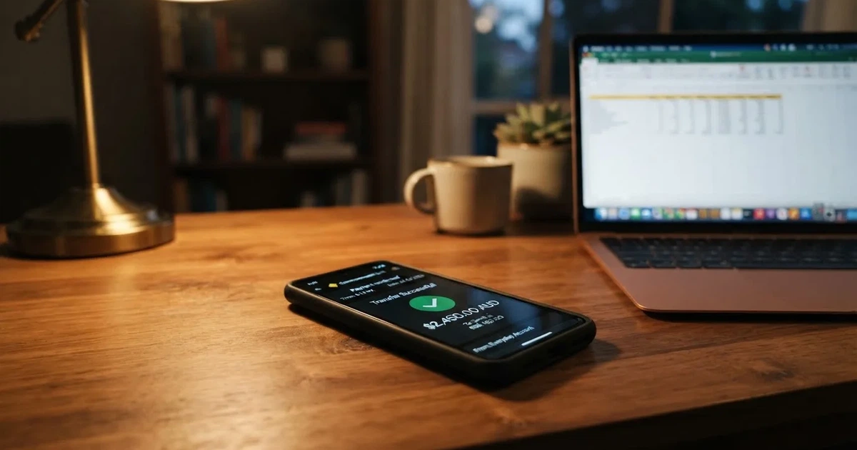 Close-up of a smartphone banking app open beside a laptop on a home desk, mid-transfer.