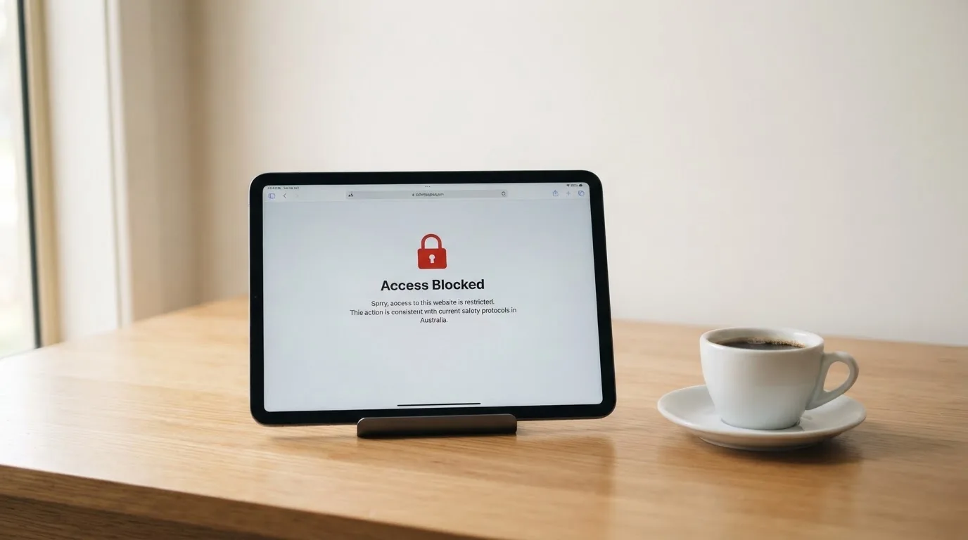 A tablet on a desk displays a plain government-style warning notice page, with a coffee cup beside it.