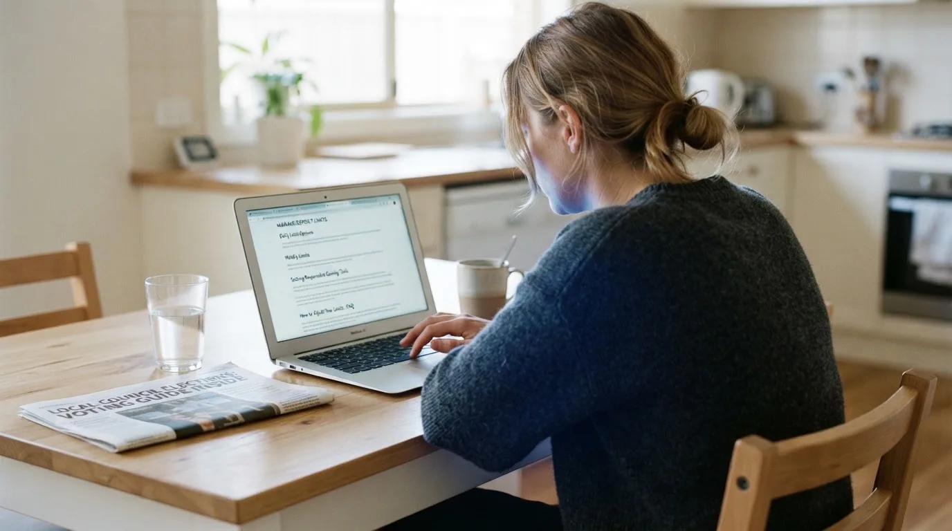 A person sits at a kitchen table, scrolling a laptop showing a general search results page about deposit limits.