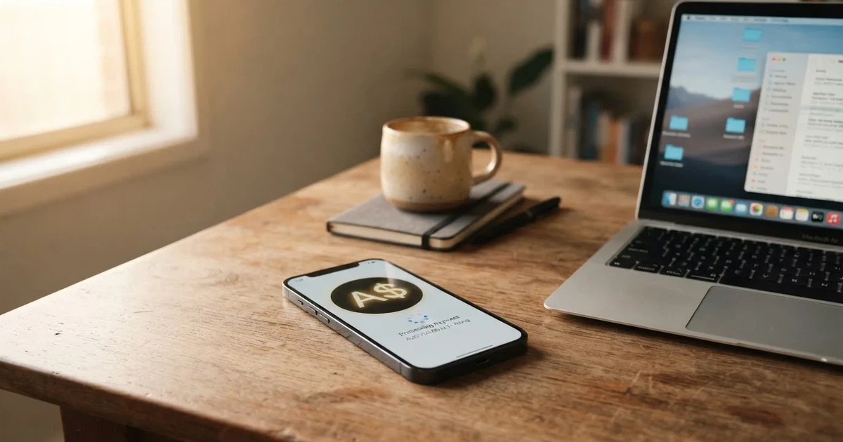 Close-up of a smartphone banking app open beside a laptop on a home desk, mid-transfer.