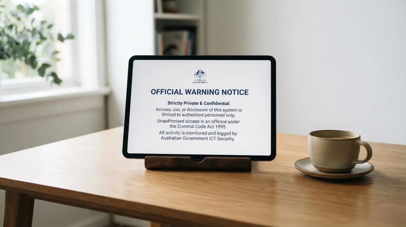A tablet on a desk displays a plain government-style warning notice page, with a coffee cup beside it.