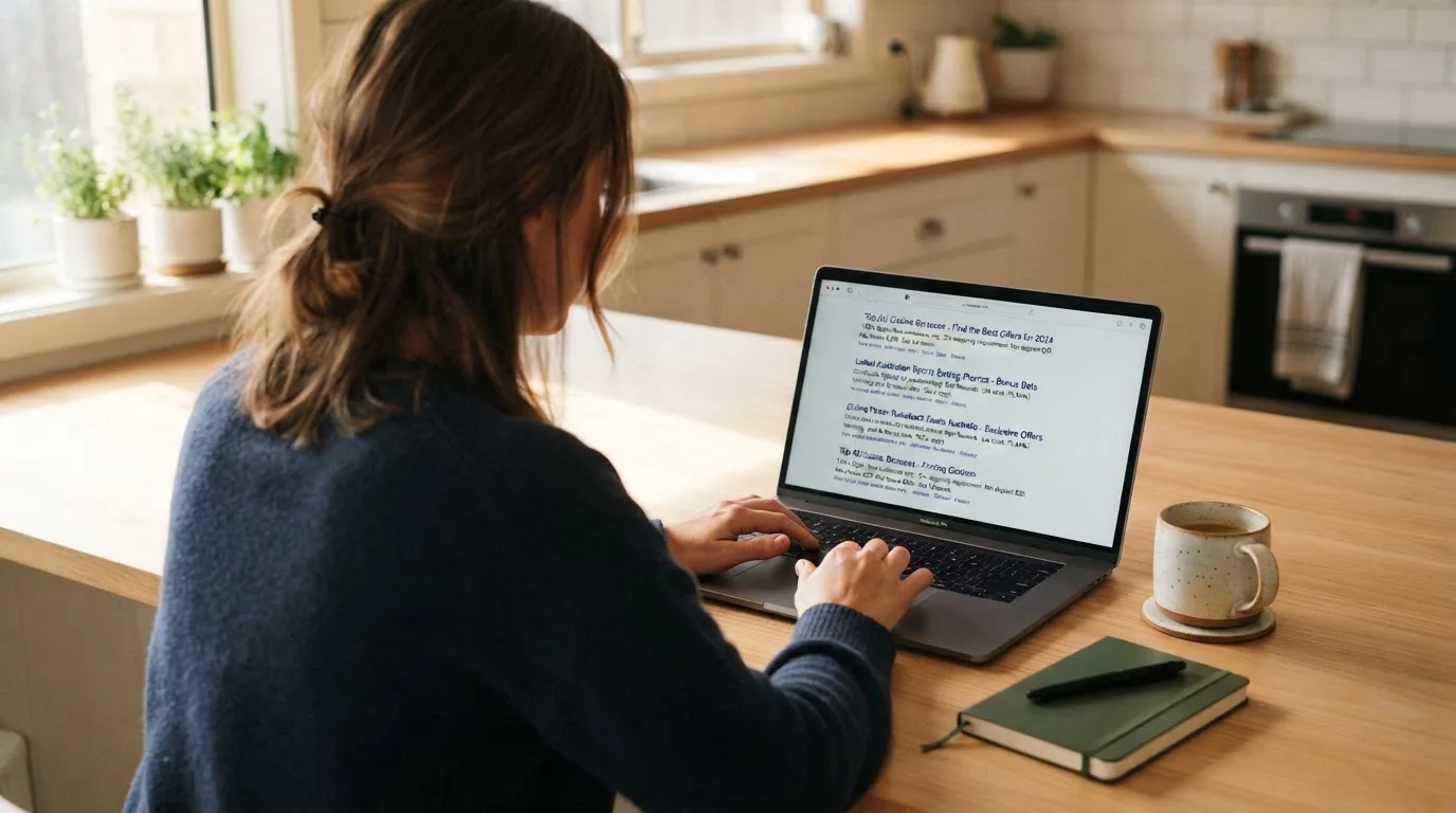 A person sits at a kitchen table, scrolling a laptop showing a general search results page about bonus terms.