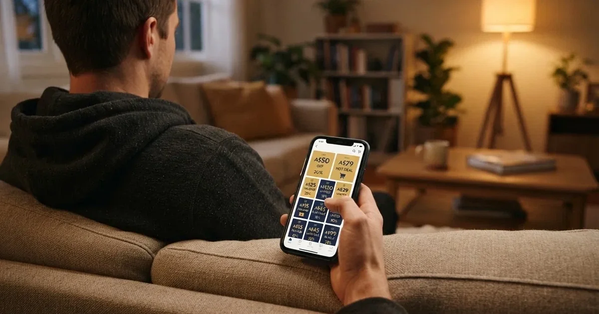 A phone screen shows a list of promotional bonus tiles as someone scrolls with one thumb on a couch.