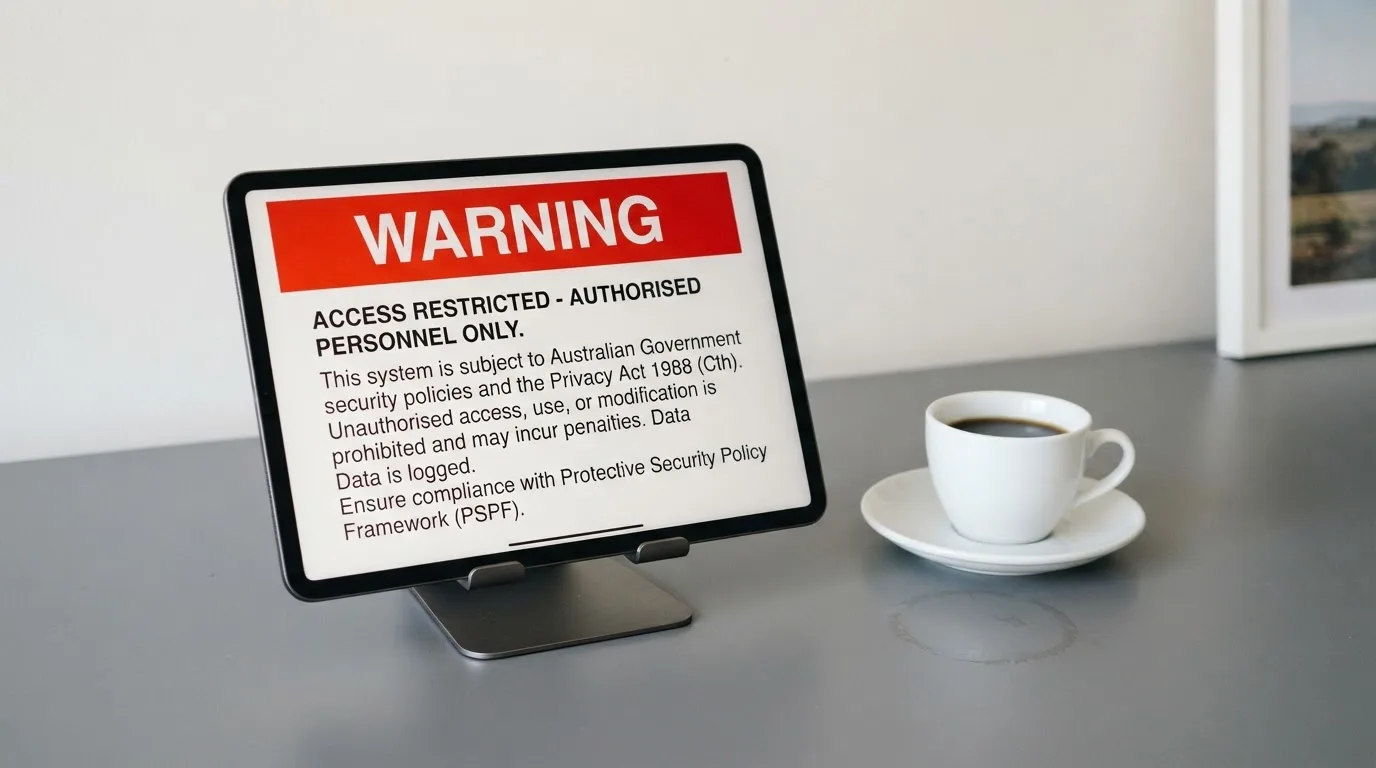 A tablet on a desk displays a plain government-style warning notice page, with a coffee cup beside it.