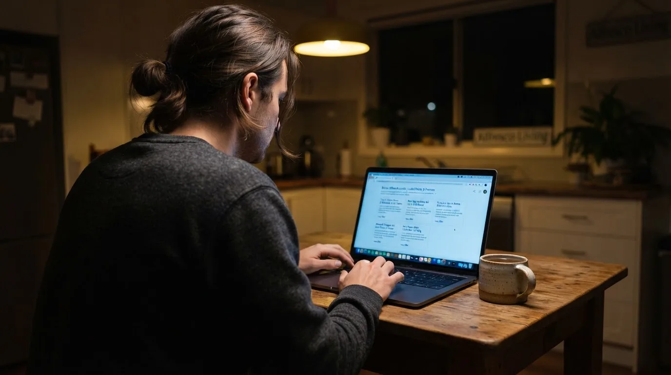 A person sits at a kitchen table in the evening, scrolling a laptop showing a general search results page about bonus offers.