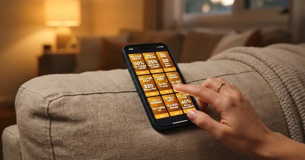 A phone screen shows a list of promotional bonus tiles as someone scrolls with one thumb on a couch.