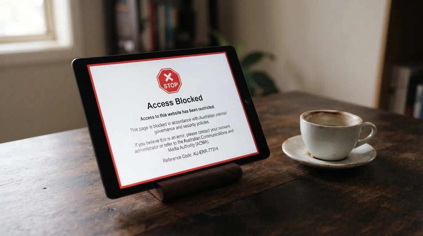 A tablet on a desk displays a plain government-style warning notice page, with a coffee cup beside it.