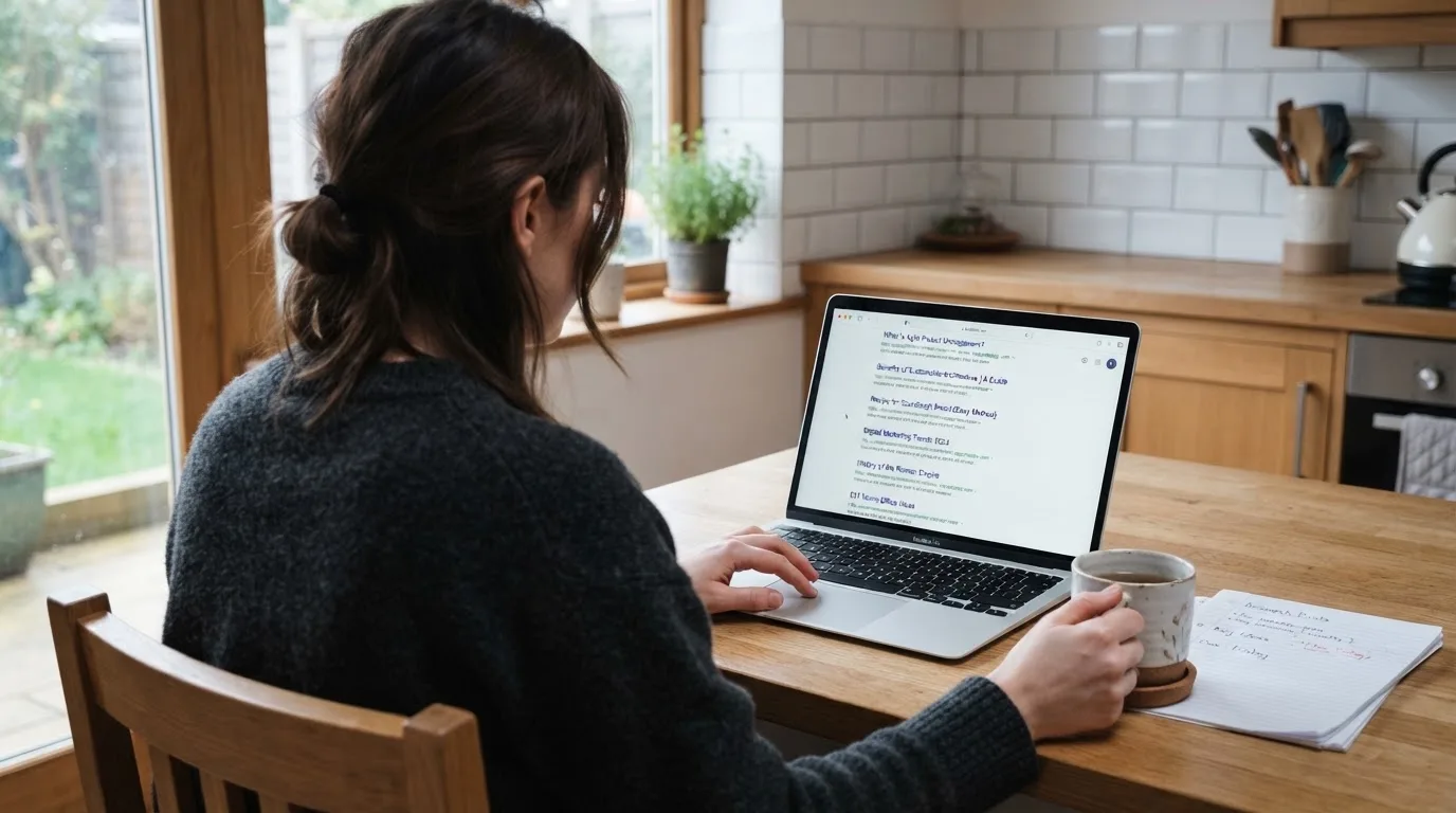 A person sits at a kitchen table, scrolling a laptop showing a general search results page about free spins offers.