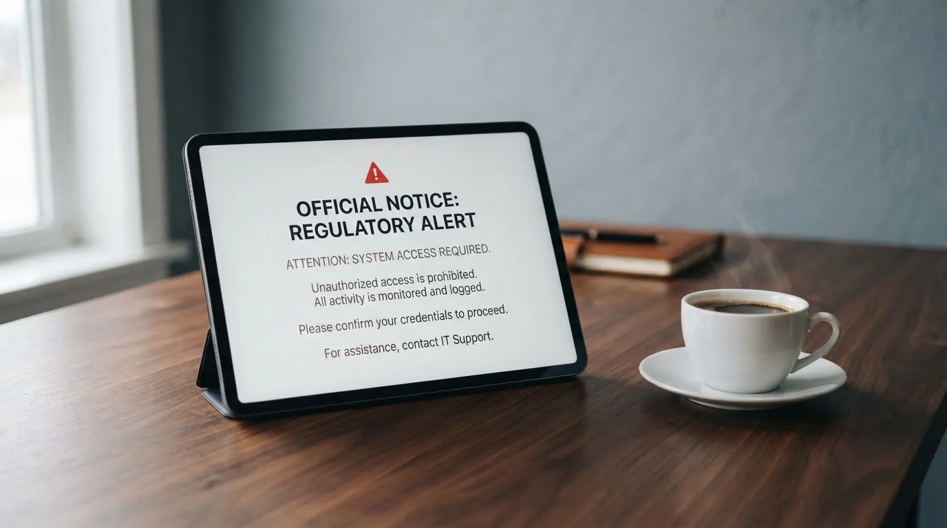 A tablet on a desk displays a plain government-style warning notice page, with a coffee cup beside it.
