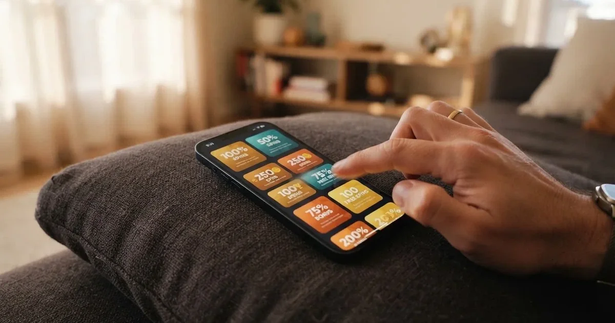 A phone screen shows a list of promotional bonus tiles as someone scrolls with one thumb on a couch.