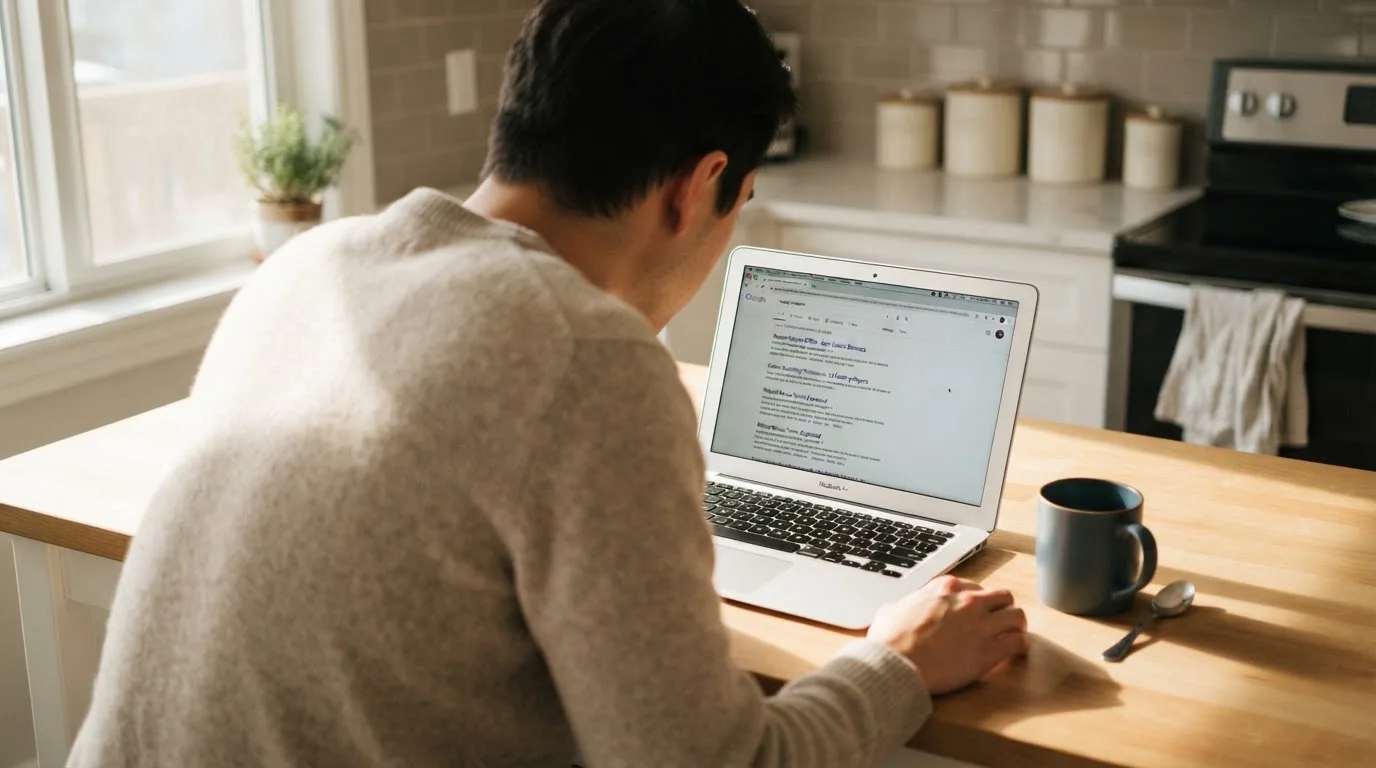 A person sits at a kitchen table, scrolling a laptop showing a general search results page about repeat-deposit offers.