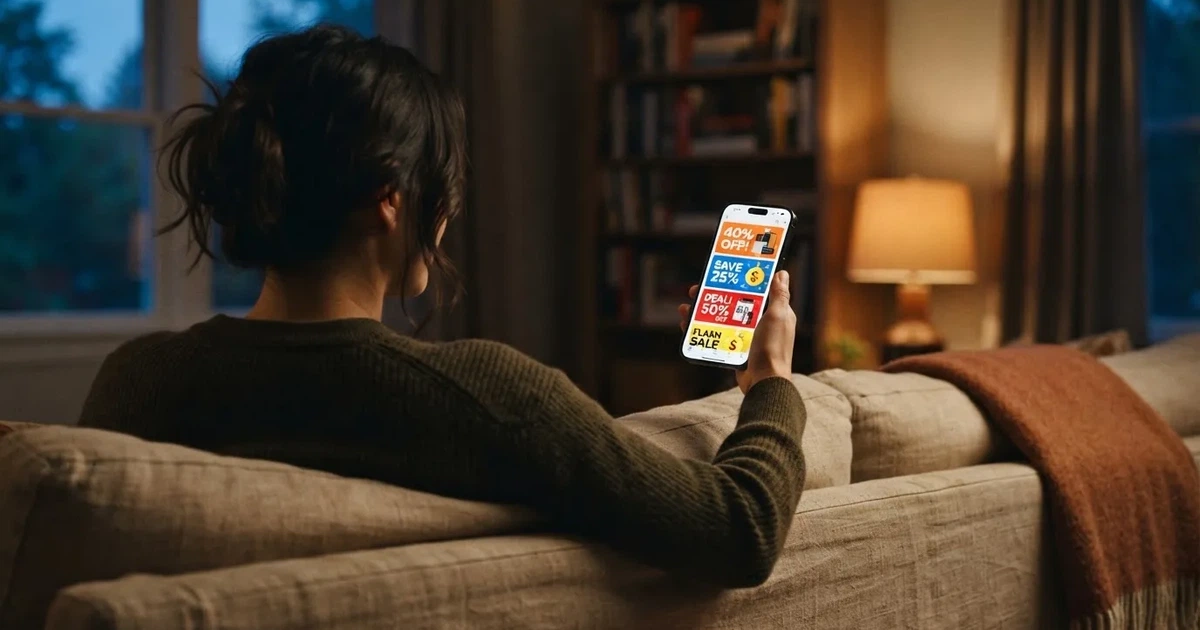 A phone screen shows a list of promotional bonus tiles as someone scrolls with one thumb on a couch.