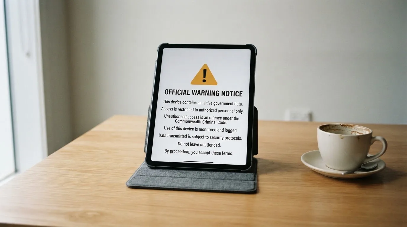 A tablet on a desk displays a plain government-style warning notice page, with a coffee cup beside it.