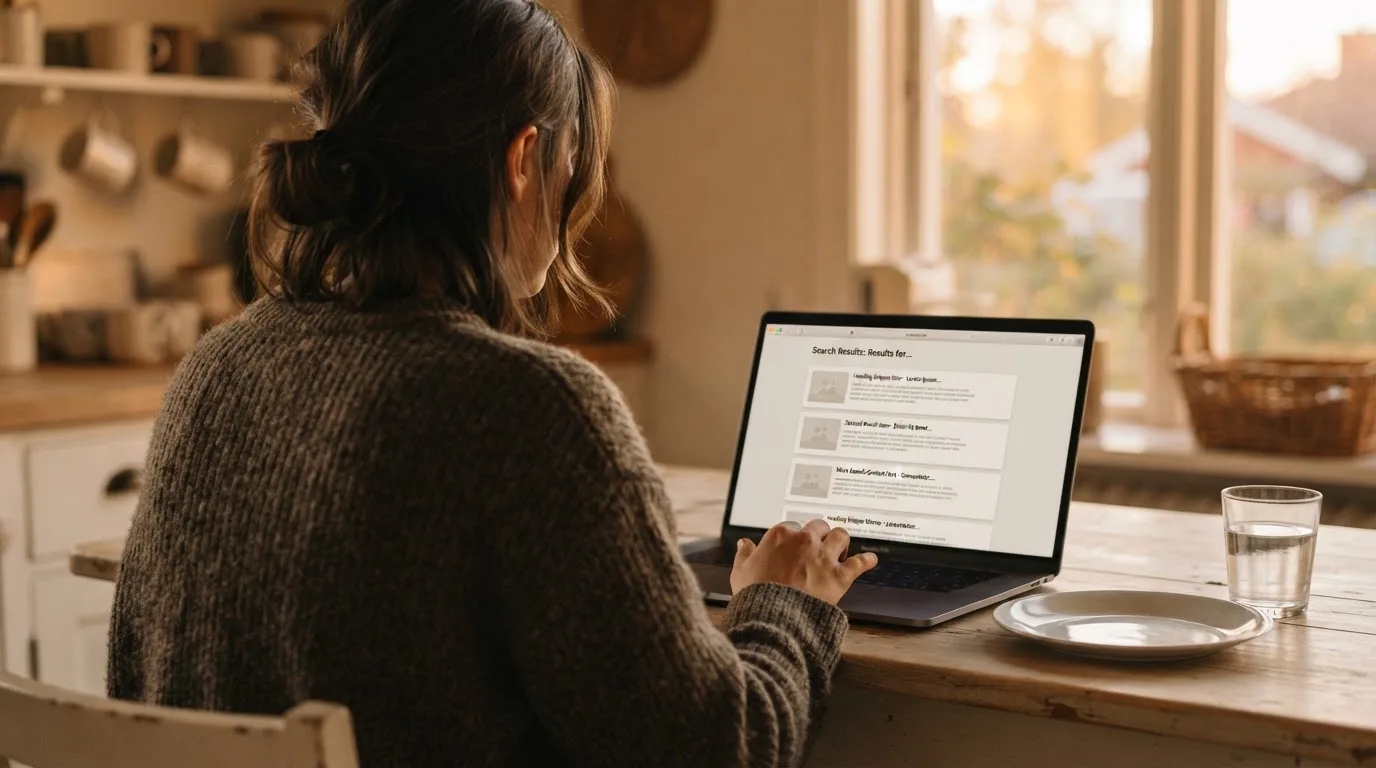 A person sits at a kitchen table, scrolling a laptop showing a general search results page about e-wallet options.
