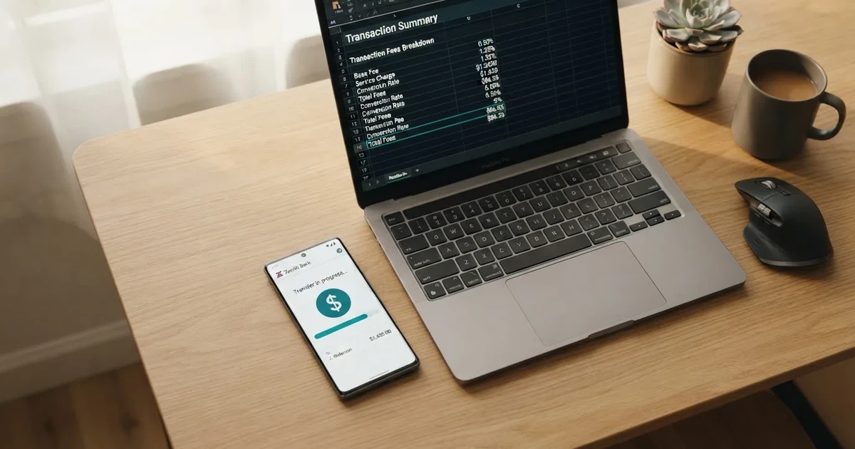 Close-up of a smartphone banking app open beside a laptop on a home desk, mid-transfer.