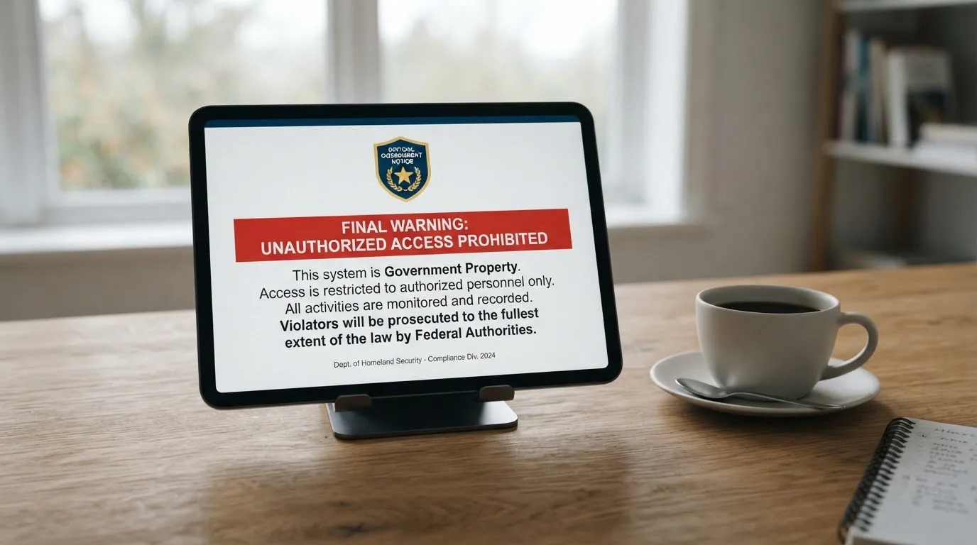 A tablet on a desk displays a plain government-style warning notice page, with a coffee cup beside it.
