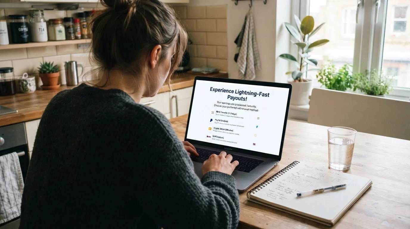 A person sits at a kitchen table, scrolling a laptop showing a general search results page about withdrawal speed.