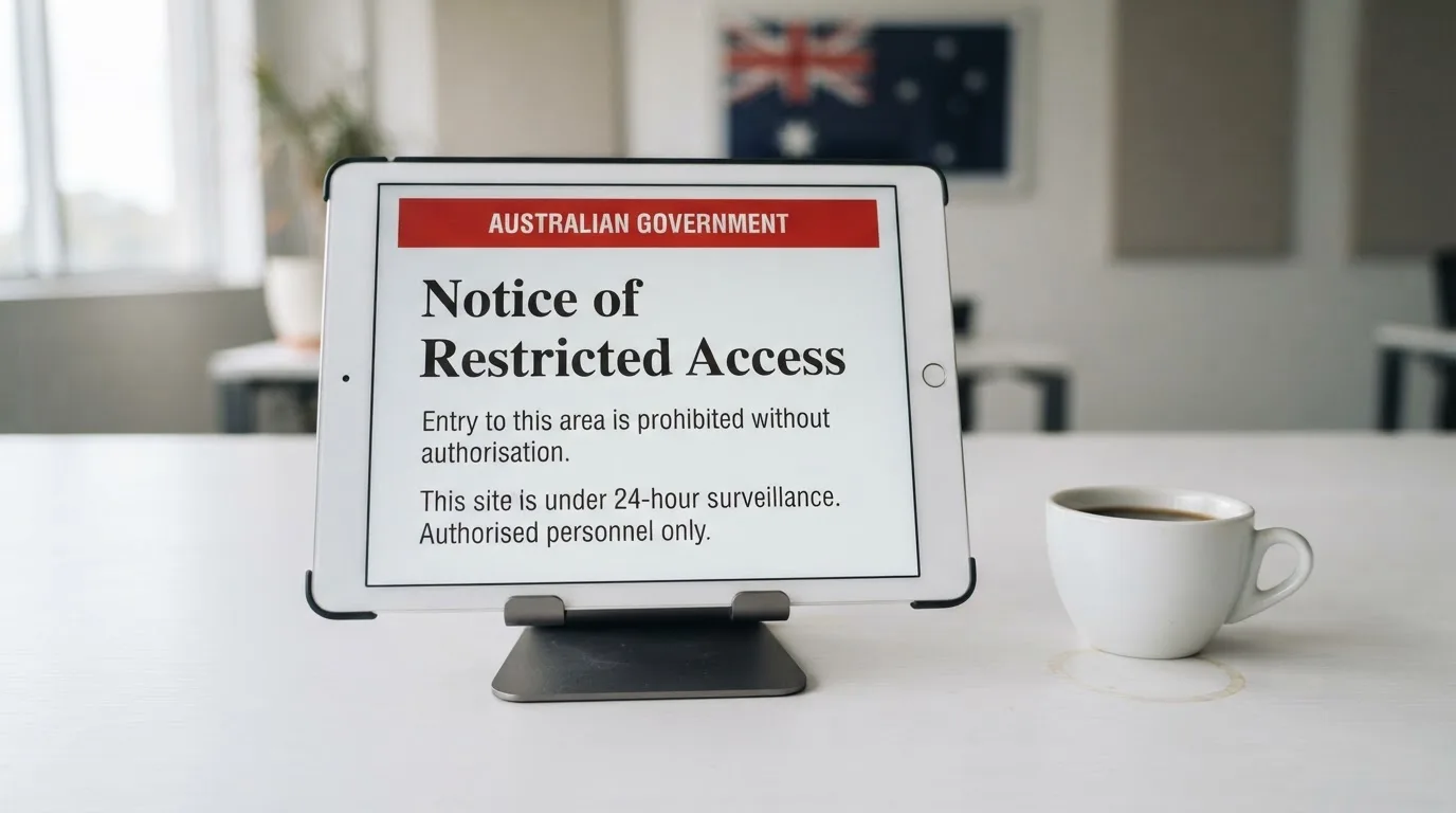 A tablet on a desk displays a plain government-style warning notice page, with a coffee cup beside it.