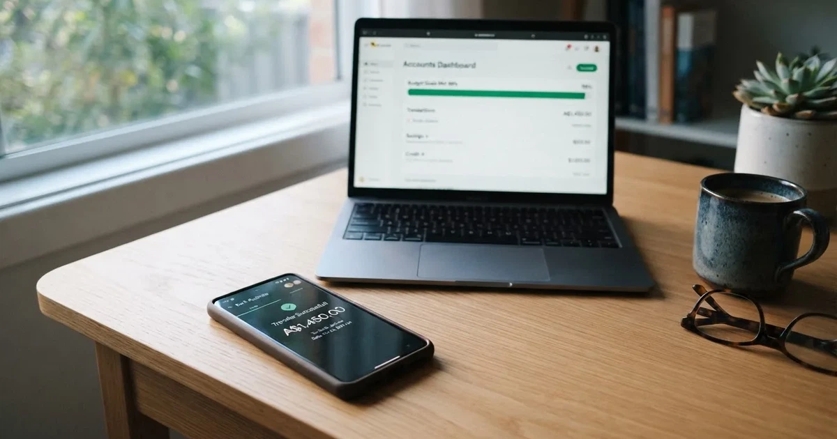 Close-up of a smartphone banking app open beside a laptop on a home desk, mid-transfer.
