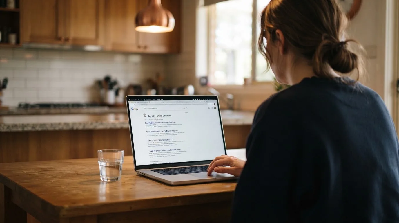 A person sits at a kitchen table, scrolling a laptop showing a general search results page about pokies bonus offers.