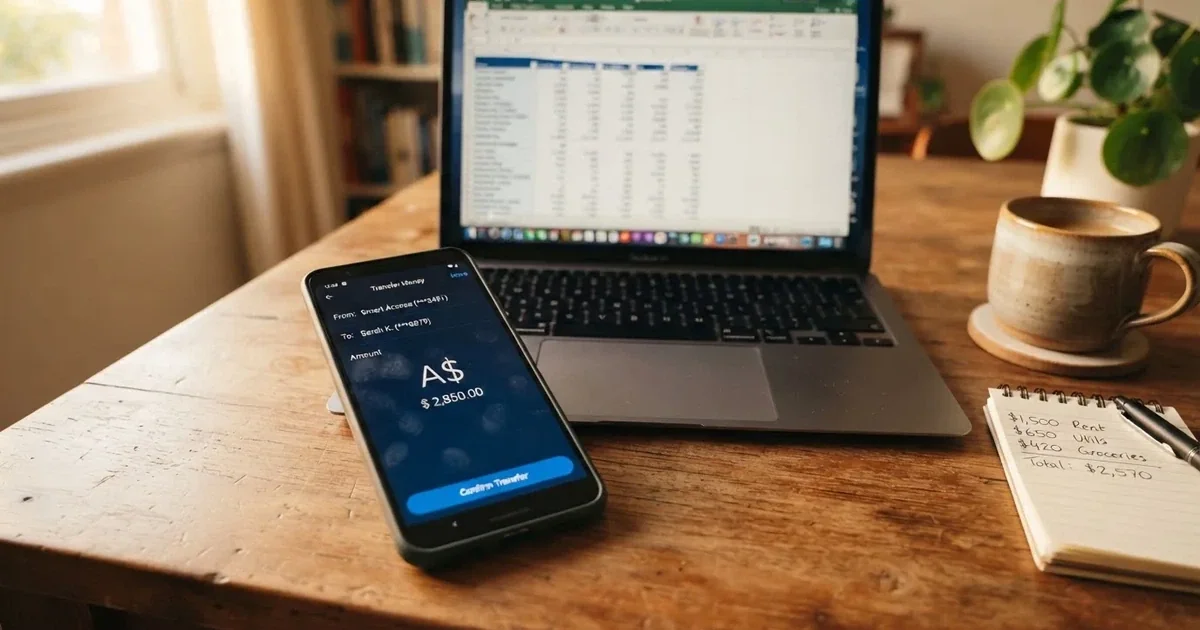 Close-up of a smartphone banking app open beside a laptop on a home desk, mid-transfer.