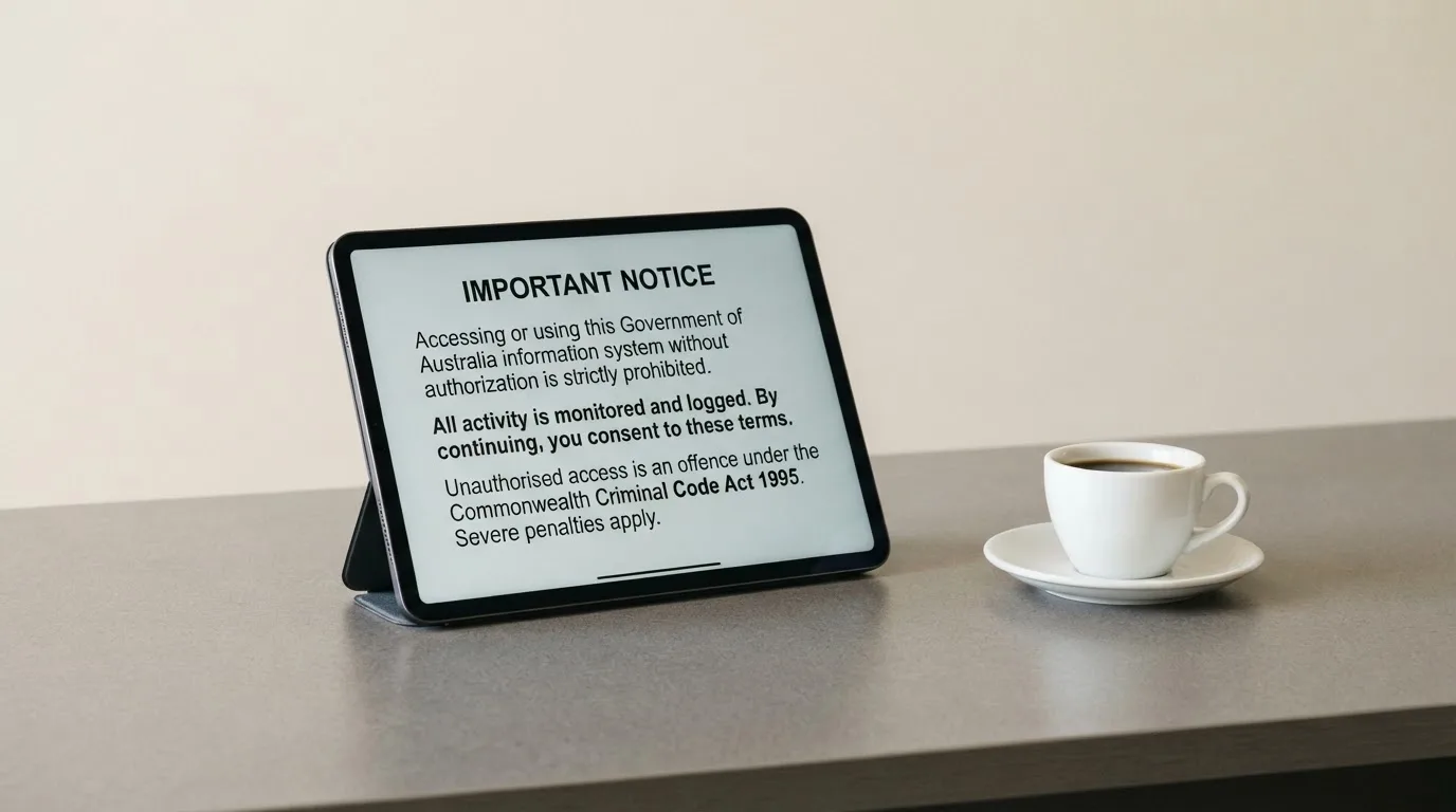 A tablet on a desk displays a plain government-style warning notice page, with a coffee cup beside it.