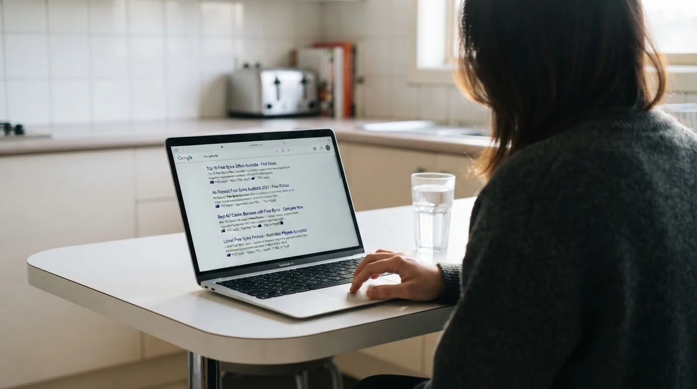 A person sits at a kitchen table, scrolling a laptop showing a general search results page about free spins offers.