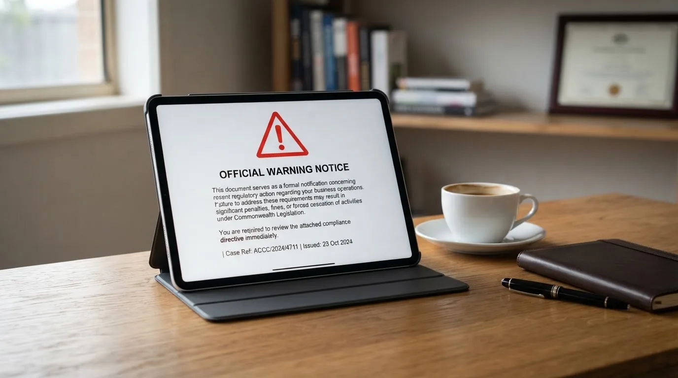 A tablet on a desk displays a plain government-style warning notice page, with a coffee cup beside it.