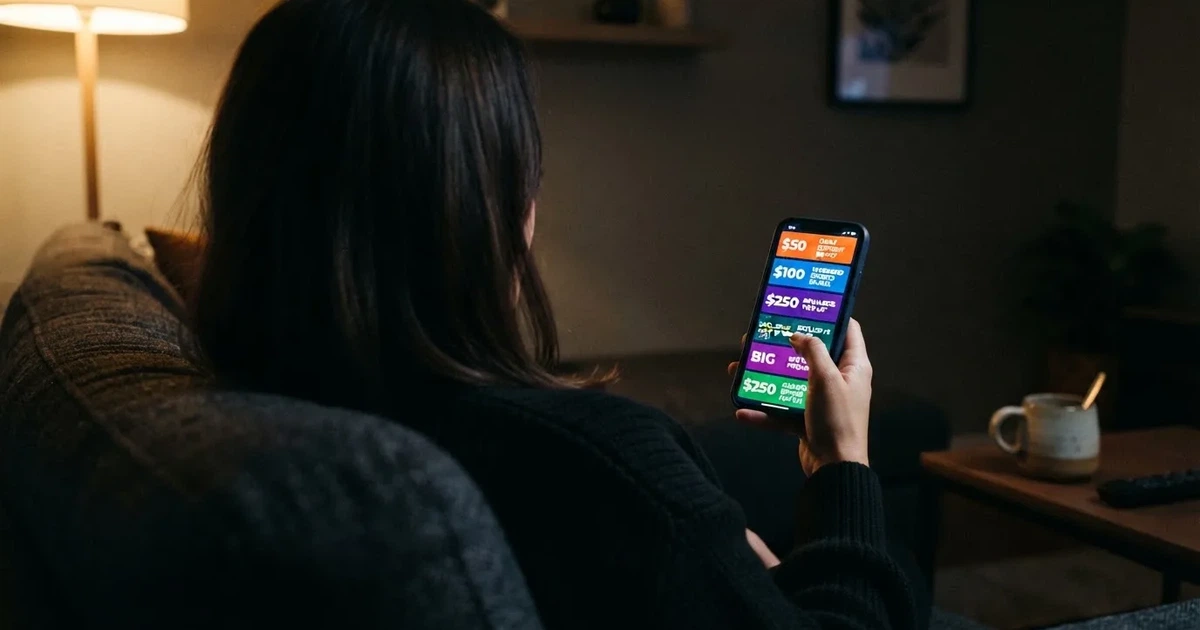 A phone screen shows a list of promotional bonus tiles as someone scrolls with one thumb on a couch.