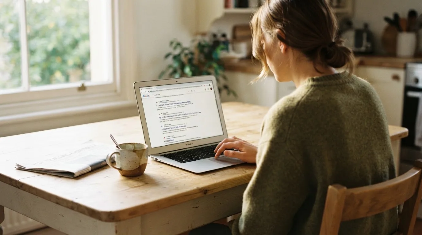 A person sits at a kitchen table, scrolling a laptop showing a general search results page about a review of a pokies site.