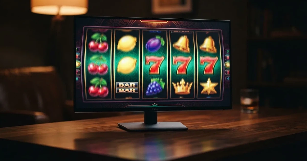 A close-up of a slot reel display shown on a monitor, no other windows open.