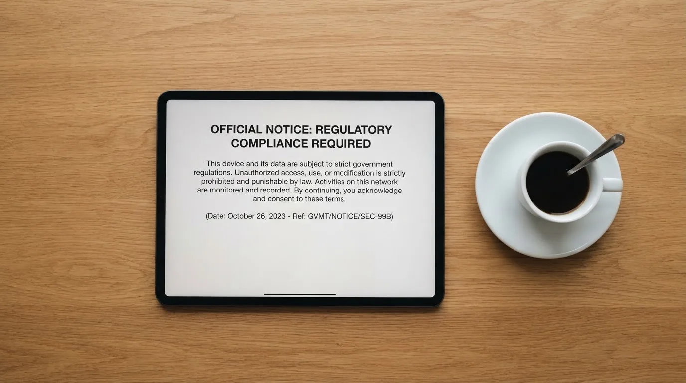 A tablet on a desk displays a plain government-style warning notice page, with a coffee cup beside it.