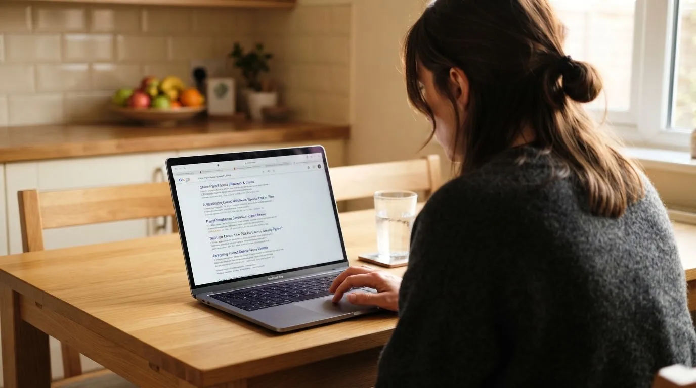A person sits at a kitchen table, scrolling a laptop showing a general search results page about withdrawal speed claims.