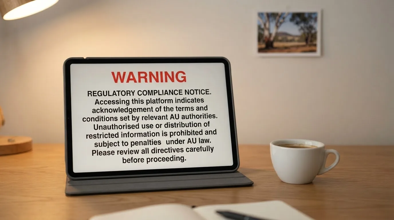 A tablet on a desk displays a plain government-style warning notice page, with a coffee cup beside it.