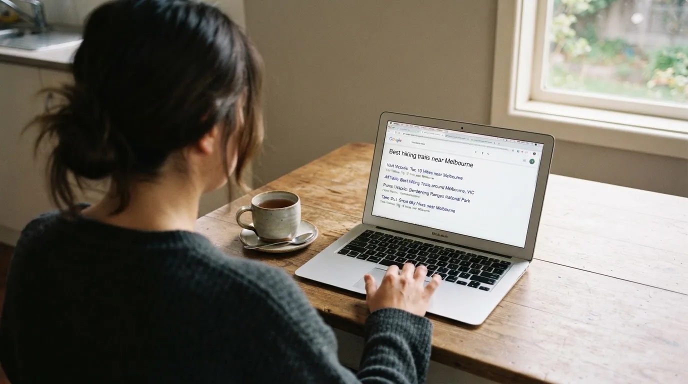 A person sits at a kitchen table, scrolling a laptop showing a general search results page about table game odds.