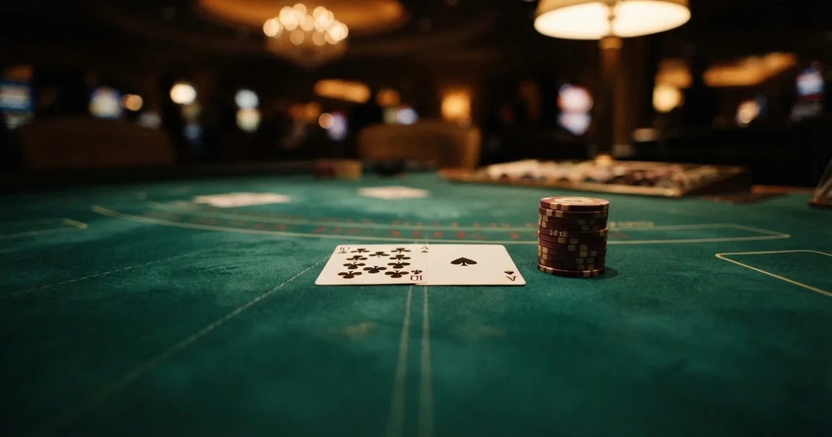 A close-up of a blackjack table felt with cards and chips laid out, no dealer or players visible.