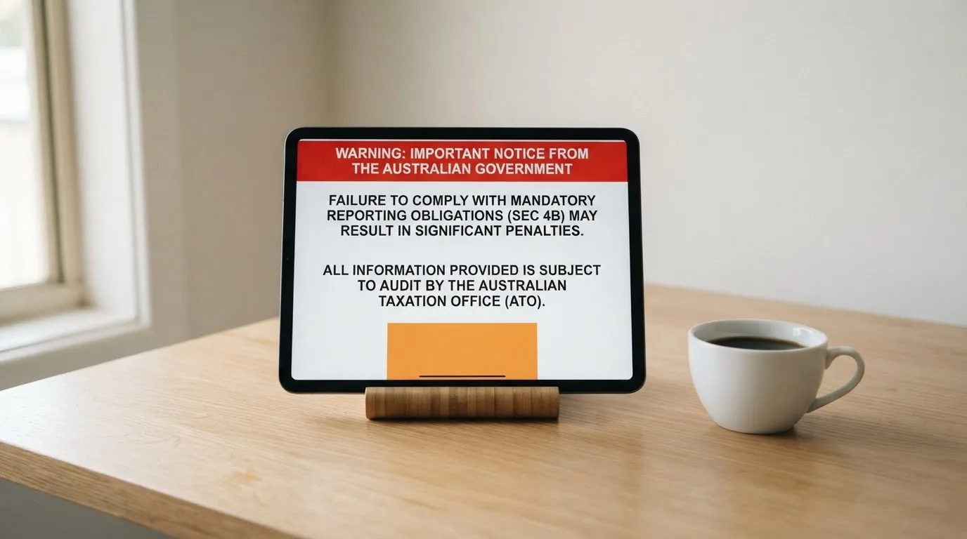 A tablet on a desk displays a plain government-style warning notice page, with a coffee cup beside it.