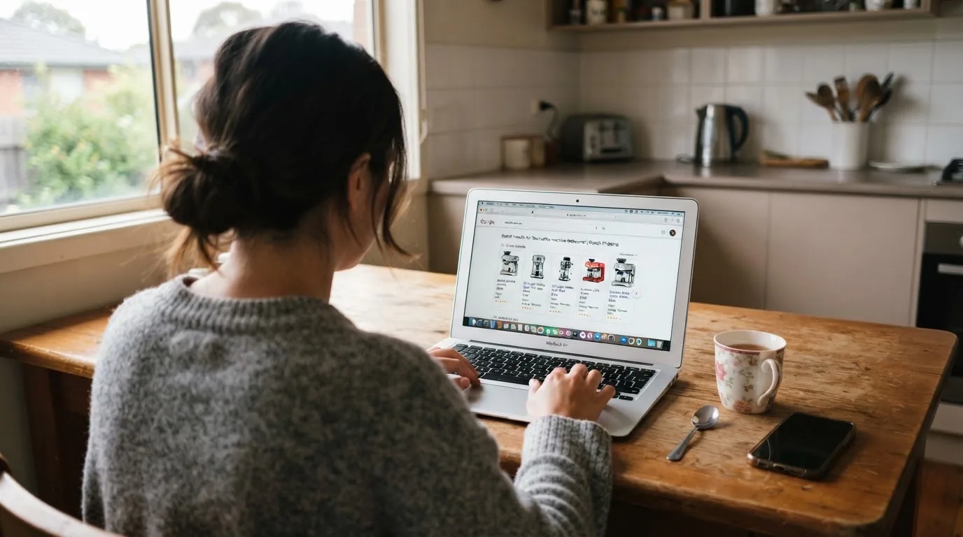 A person sits at a kitchen table, scrolling a laptop showing a general search results page about pokies apps.