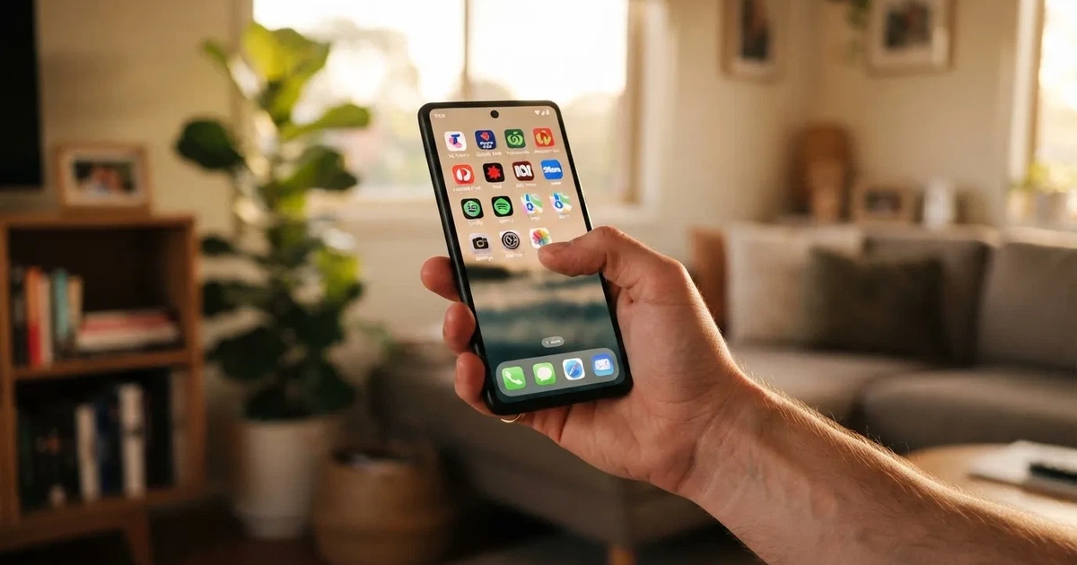 A hand holds a smartphone with an app icon grid visible on the home screen, thumb hovering over the display.