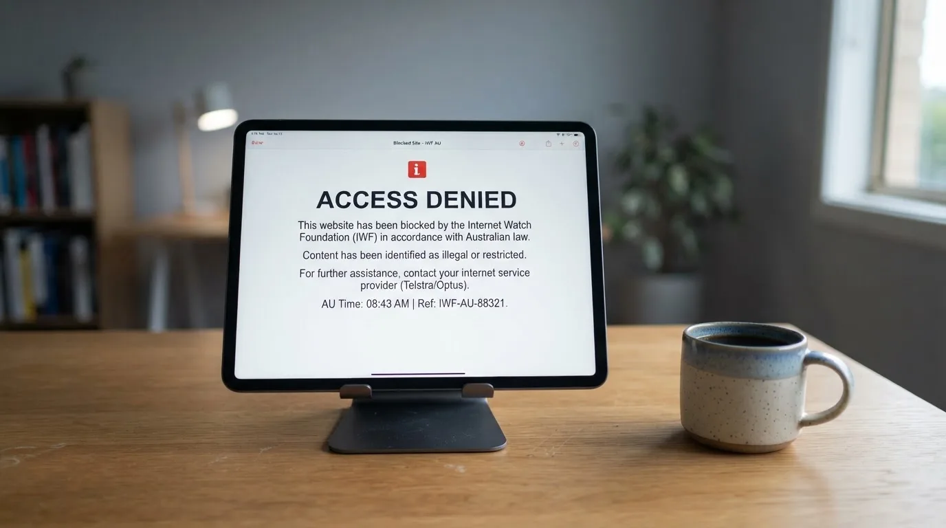 A tablet on a desk displays a plain government-style warning notice page, with a coffee cup beside it.