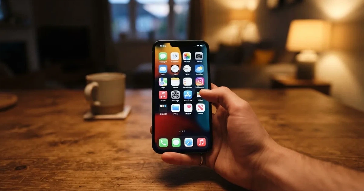 A hand holds a smartphone with an app icon grid visible on the home screen, thumb hovering over the display.