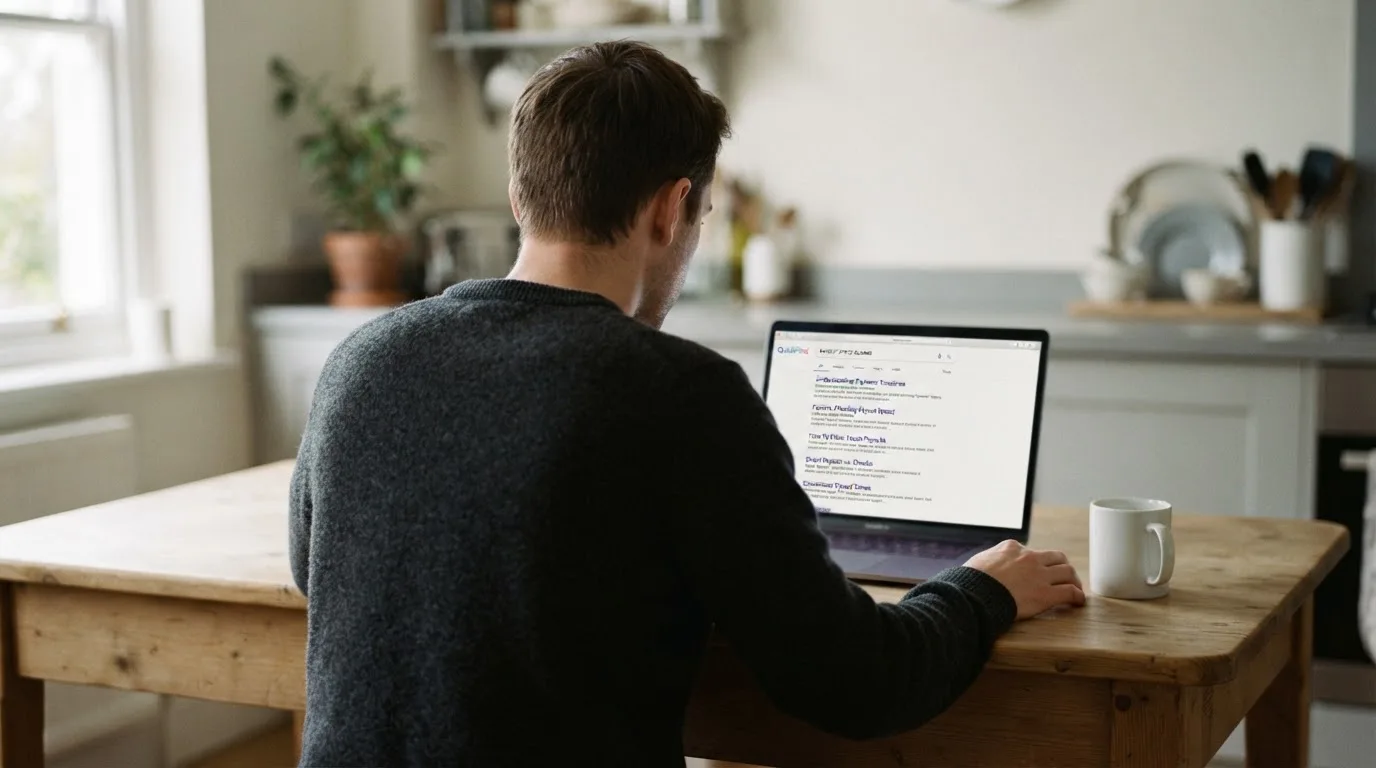 A person sits at a kitchen table, scrolling a laptop showing a general search results page about payout speed claims.