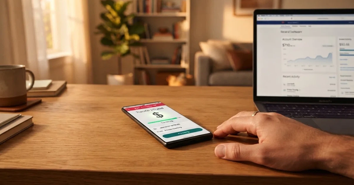 Close-up of a smartphone banking app open beside a laptop on a home desk, mid-transfer.