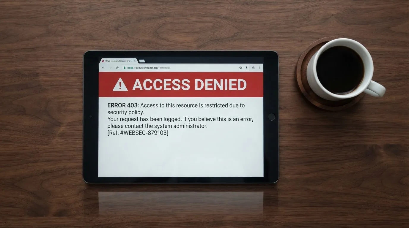A tablet on a desk displays a plain government-style warning notice page, with a coffee cup beside it.