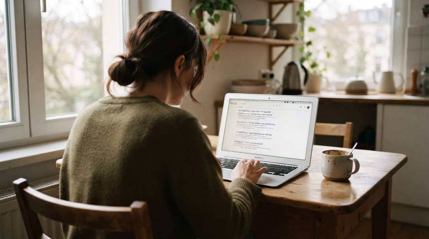 A person sits at a kitchen table, scrolling a laptop showing a general search results page about crypto casino comparisons.