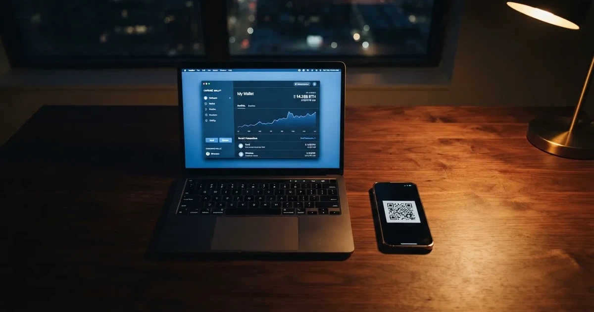 A laptop screen shows a cryptocurrency wallet balance next to a phone displaying a QR code, on a desk at night.
