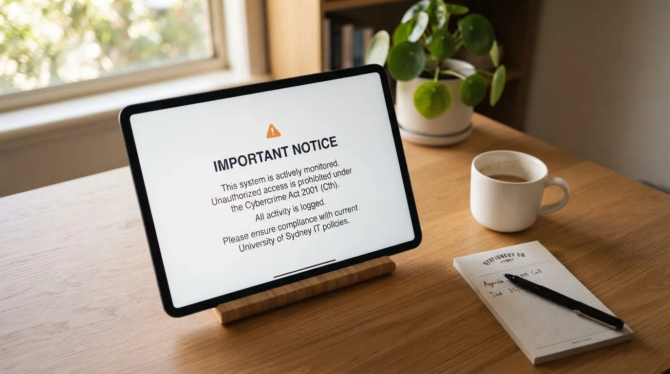 A tablet on a desk displays a plain government-style warning notice page, with a coffee cup beside it.
