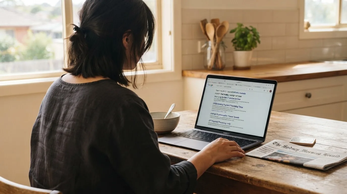 A person sits at a kitchen table, scrolling a laptop showing a general search results page about withdrawal timeframes.