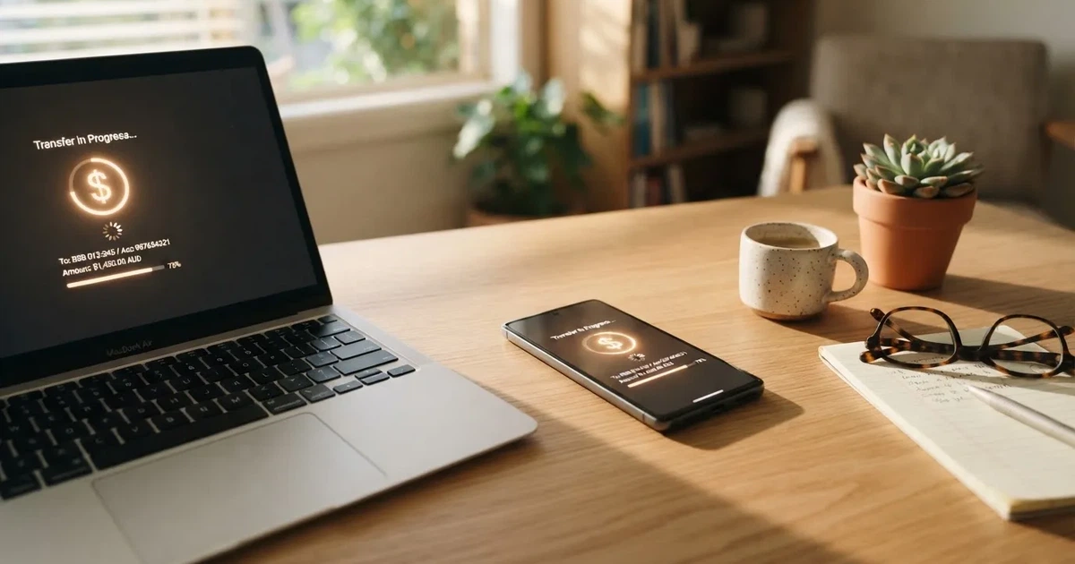 Close-up of a smartphone banking app open beside a laptop on a home desk, mid-transfer.