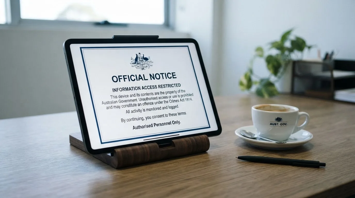 A tablet on a desk displays a plain government-style warning notice page, with a coffee cup beside it.